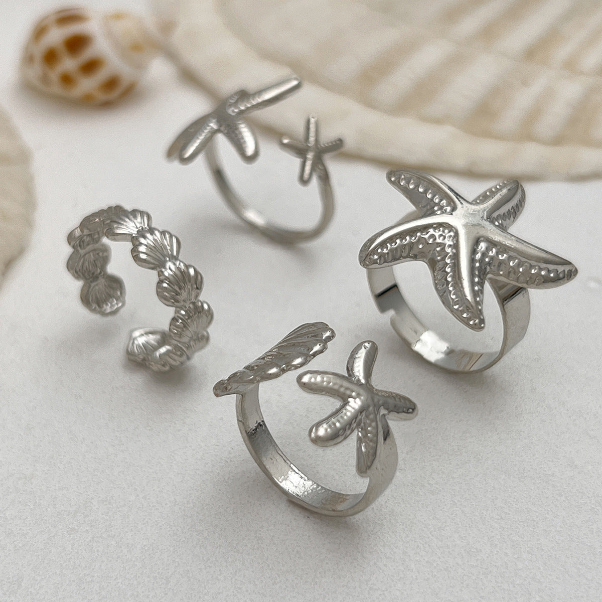 Geometric Starfish Plated Zinc Alloy Adjustable Ring Set for Women
