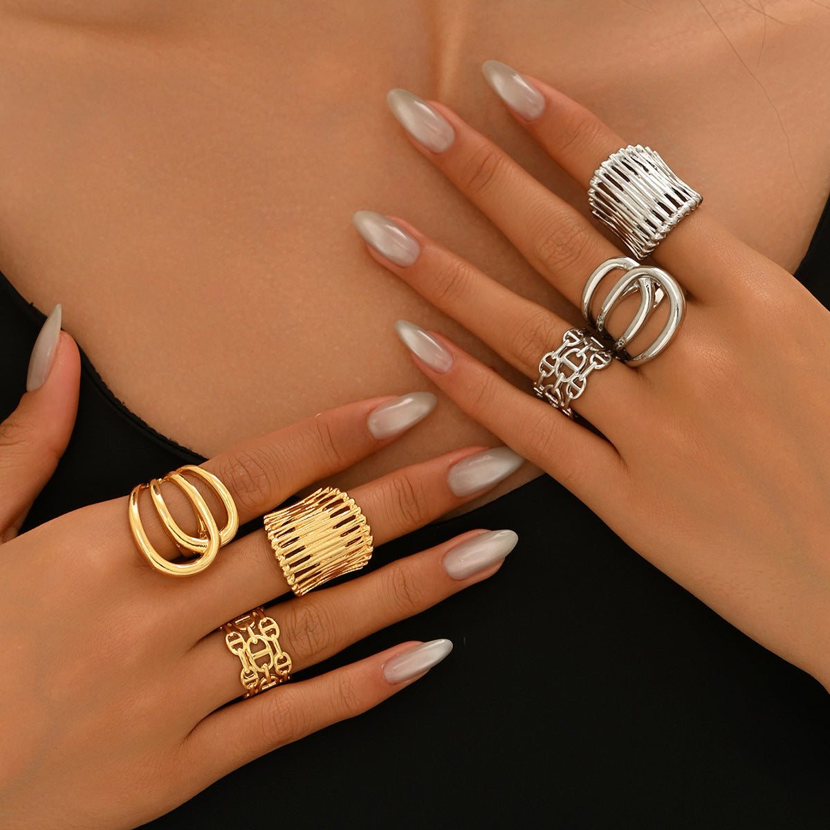 Juego de anillos ajustables de aleación de zinc pulido geométrico para mujer con patrones circulares y de anillos, joyería de mano minimalista de moda