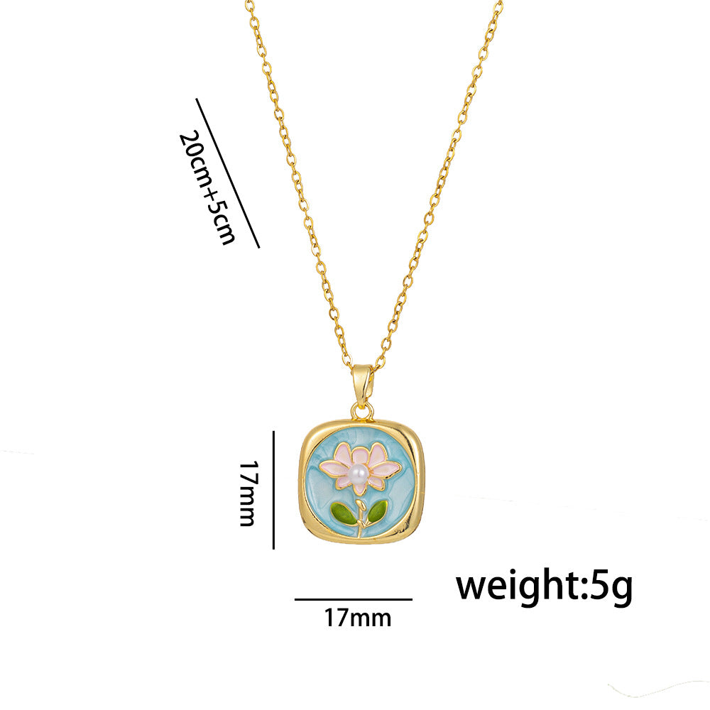 Elegant Floral Enamel Pendant Necklace for Women in Titanium Steel with O-Chain, Lightweight and Hypoallergenic