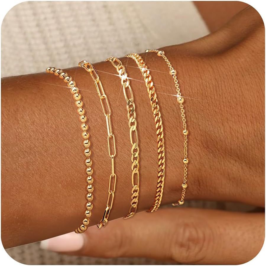 Bohemian Minimalist Geometric Plated Alloy Cuban Link Chain Pearl Bracelet Set for Women