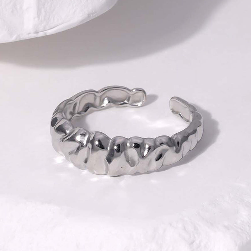 Minimalist Irregular Textured Titanium Steel Open Ring for Women with Gold Plating