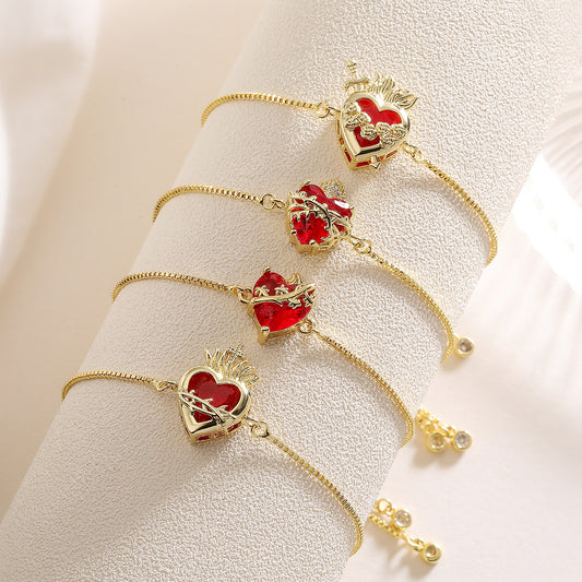 Pulsera Ajustable Minimalista de Cobre con Baño de Oro de 18K y Circonia en Forma de Corazón para Mujer
