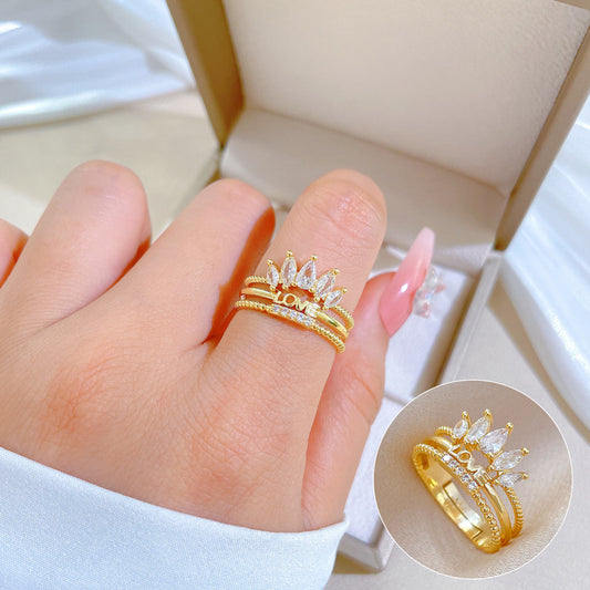 Cartoon Style Crown-Shaped Gold-Plated Brass Adjustable Ring for Women with Full Rhinestone Accents