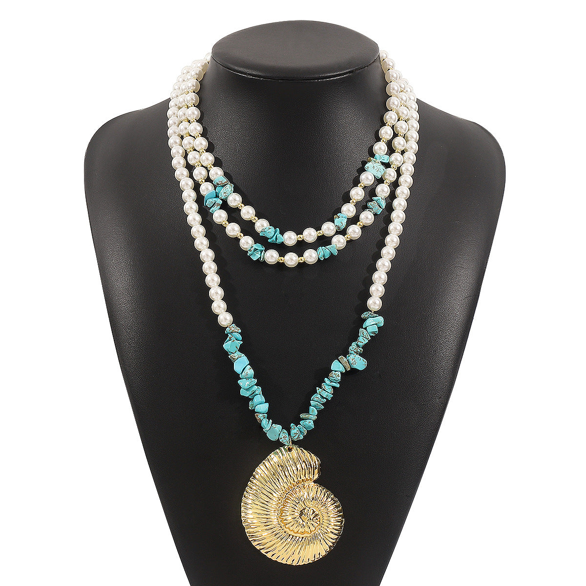 Collar Minimalista con Colgante de Concha para Mujer con Acabado Chapado en Aleación, Cadena de Clavícula Multicapa Estilo Veraniego con Acentos de Turquesa y Perlas Simuladas