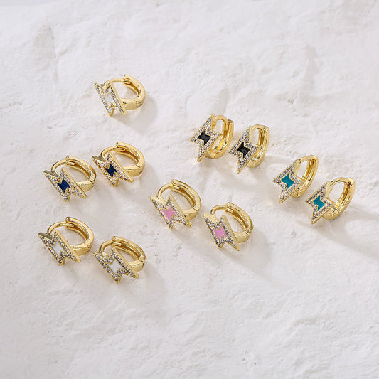 Minimalist Geometric Copper Earrings with 18K Gold Plating and Enamel-Finished Zircon Lightning Design for Women
