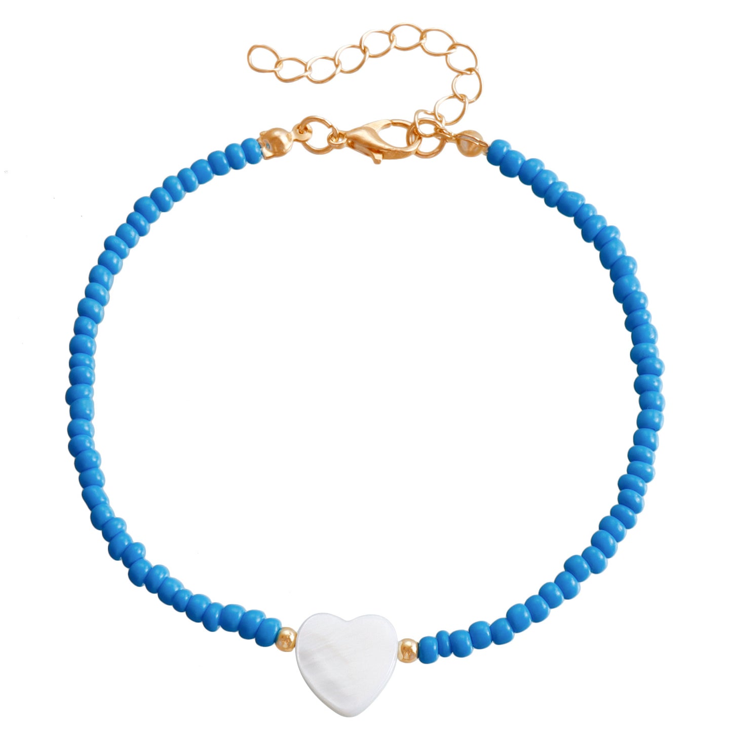 Bohemian Style Adjustable Anklet with Mother-of-Pearl Heart Charm and Colorful Seed Beads on Alloy Chain