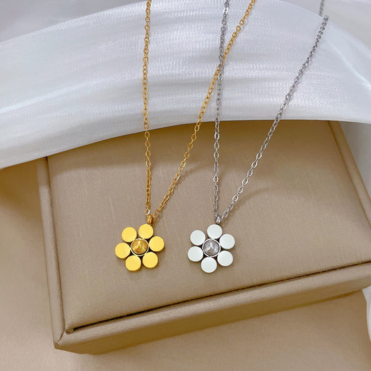 Minimalist Titanium Steel Six-Petal Flower Pendant Necklace for Women with Gold-Plated Finish and Round Bead Chain