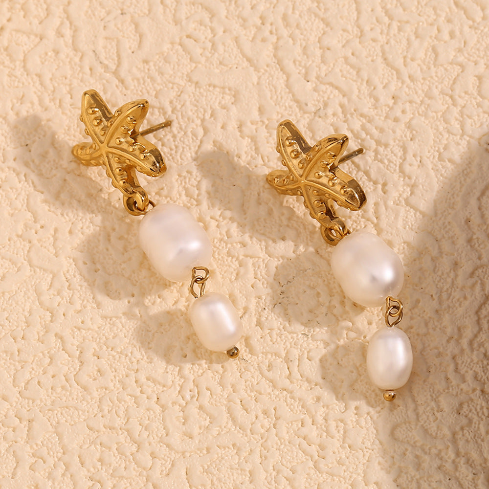 Orecchini pendenti da donna con perle e stelle marine, ispirati al vintage, in acciaio inossidabile con placcatura in oro 18 carati