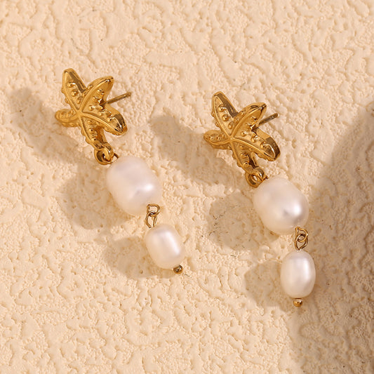 Vintage-Inspired Starfish Pearl Dangle Earrings in Stainless Steel with 18K Gold Plating for Women
