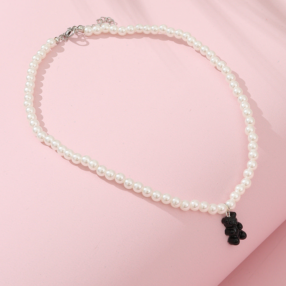 Minimalist Bear-Shaped Resin Necklace for Girls with Pearl Chain Adjustable Choker Style Pendant Necklace