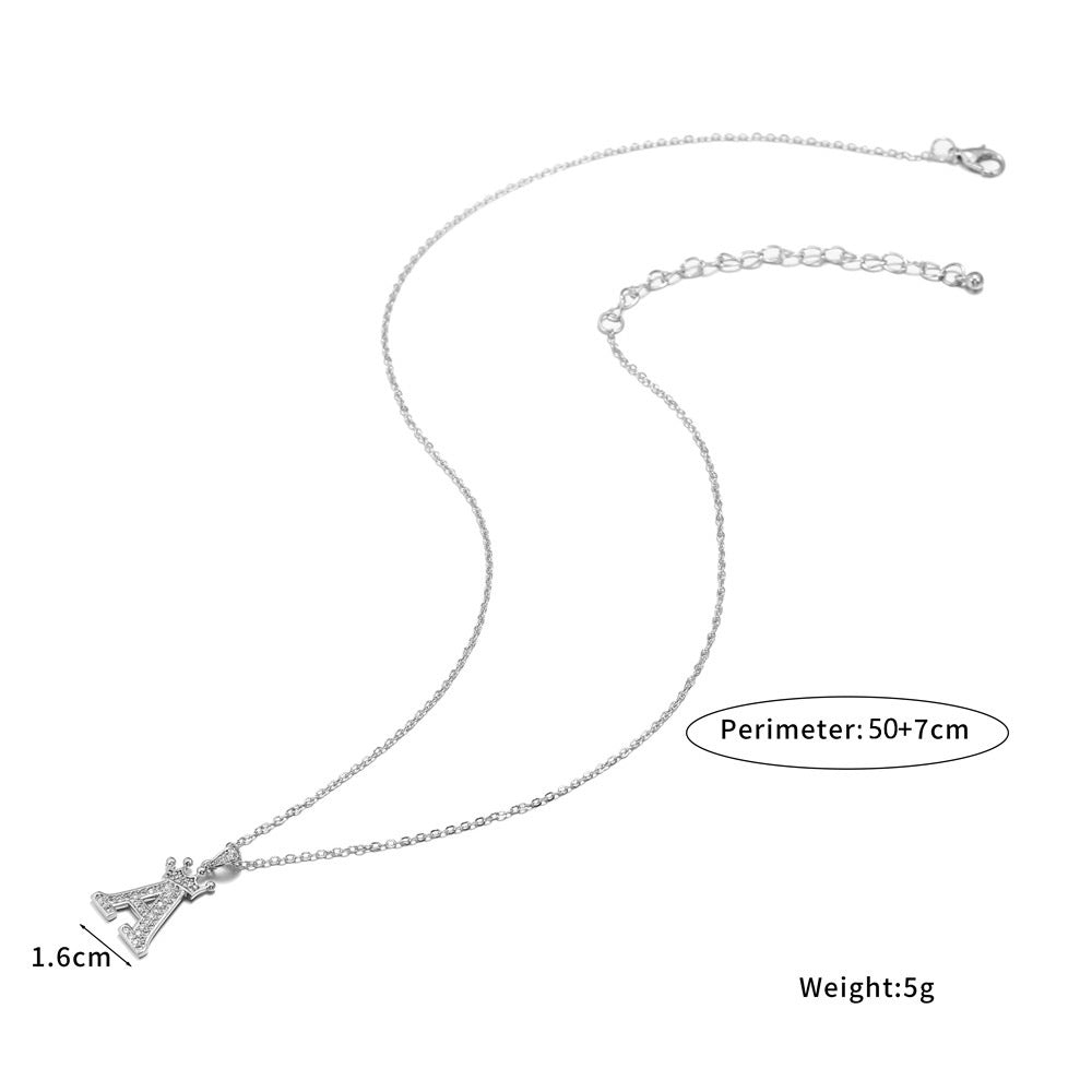Minimalist White Gold Plated Crown Letter Pendant Necklace with Micro-Pave Cubic Zirconia for Women