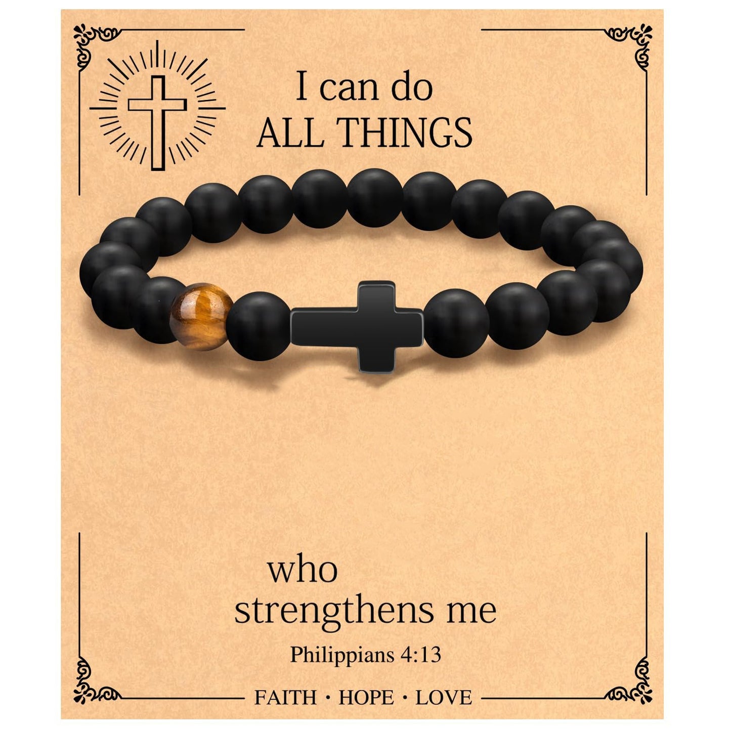 Minimalist Matte Cross Bracelet with Tiger's Eye and Obsidian Pendant Unisex Jewelry