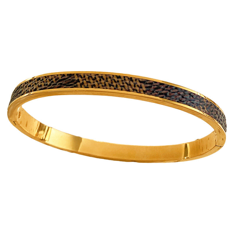 Minimalist Titanium Steel Plated Bracelet with Black Leather Texture