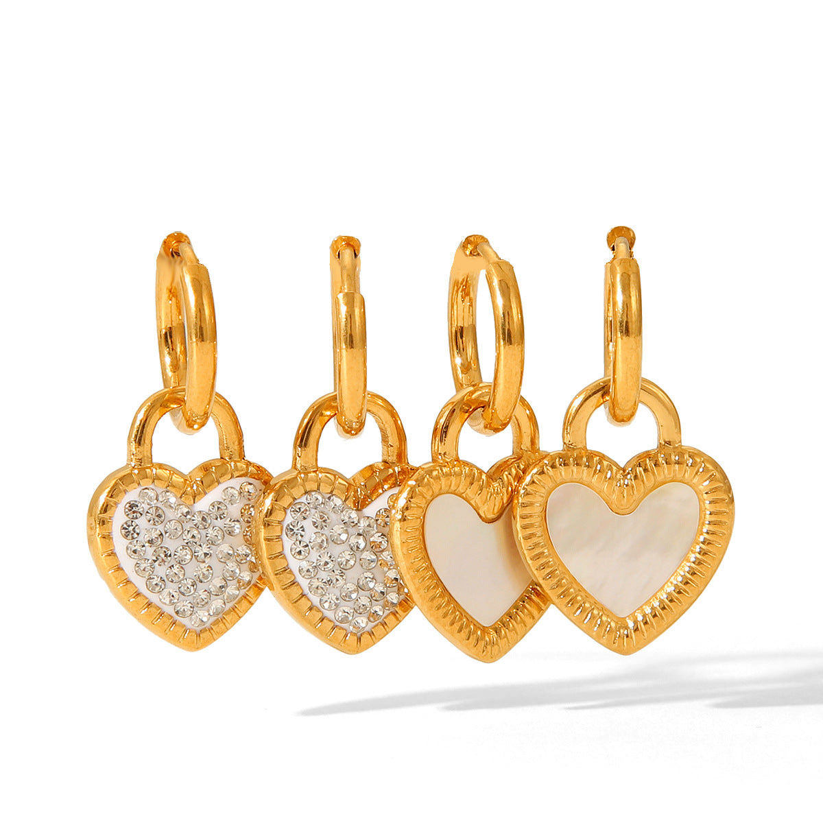 Fashion 18K Gold Plated Stainless Steel Heart Pendant Earrings with White Shell and Rhinestone for Women