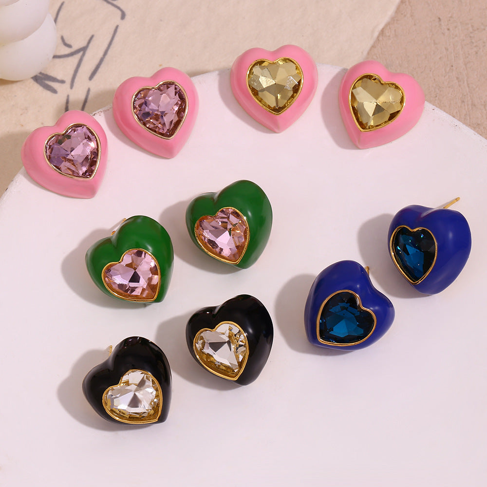 Orecchini da donna alla moda a forma di cuore in acciaio inossidabile placcati oro 18 carati e smaltati