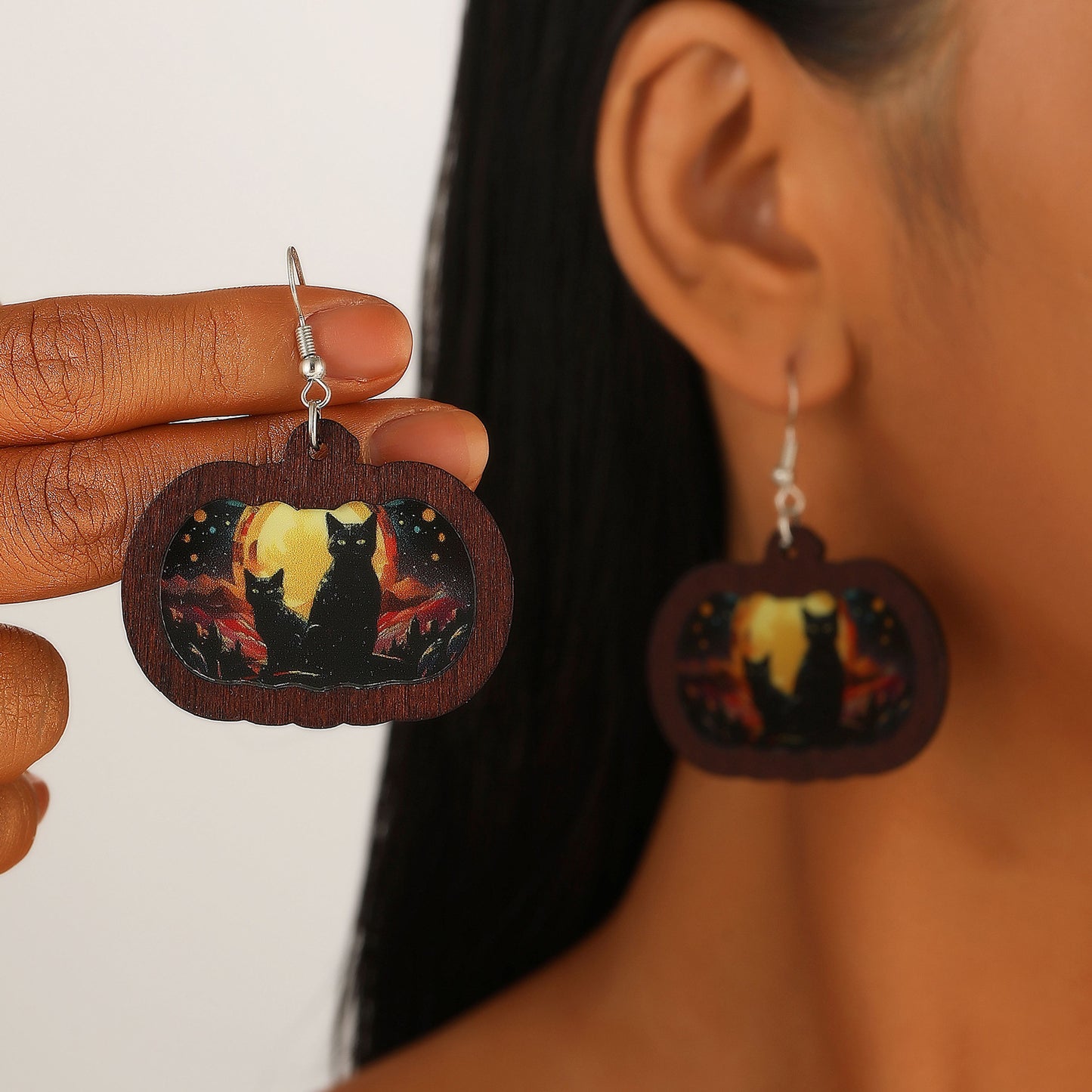 Pendientes geométricos con temática de Halloween, con motivos de calabazas y fantasmas impresos, pendientes de madera de Halloween para mujer