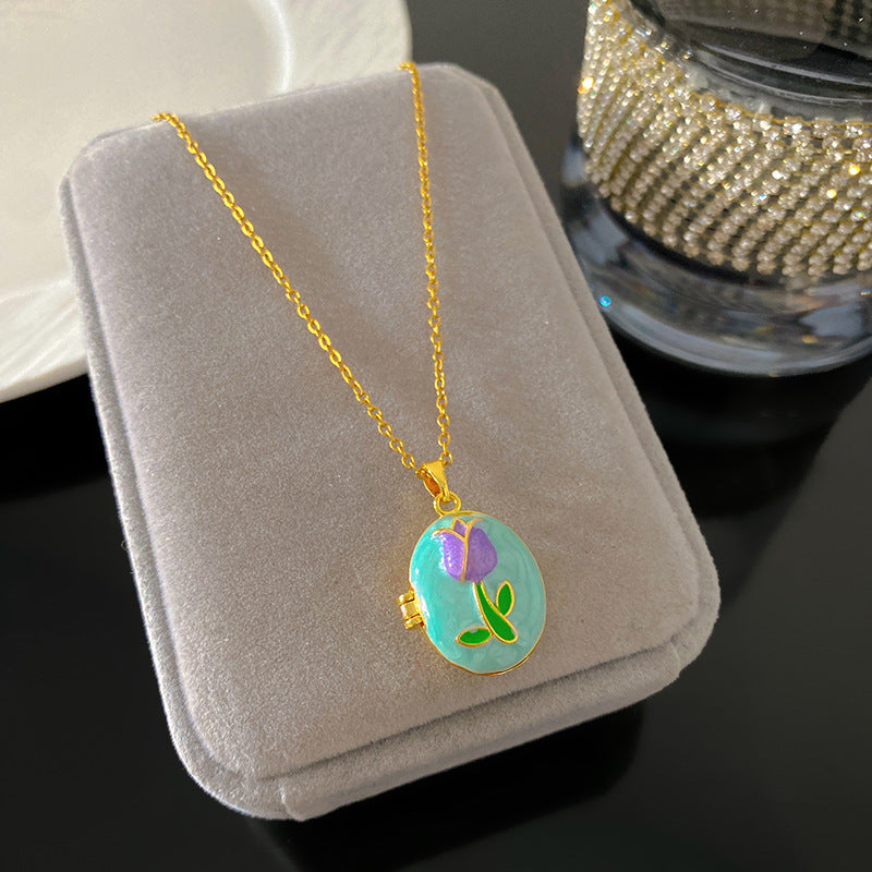 Vintage Drip Oil Floral Heart Oval Pendant Gold Plated Brass Necklace for Women