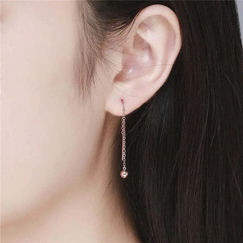 Minimalist Elegant 18K Gold Plated Titanium Steel Geometric Round Bead Long Drop Earrings for Women