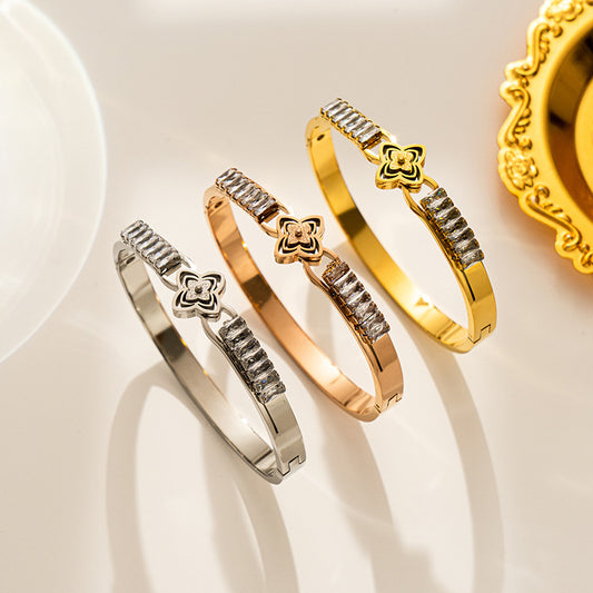 Pulsera de Acero de Titanio Minimalista de Lujo con Incrustaciones de Diamantes de Imitación para Mujer, Accesorio de Moda de Acero Inoxidable con Baño al Vacío