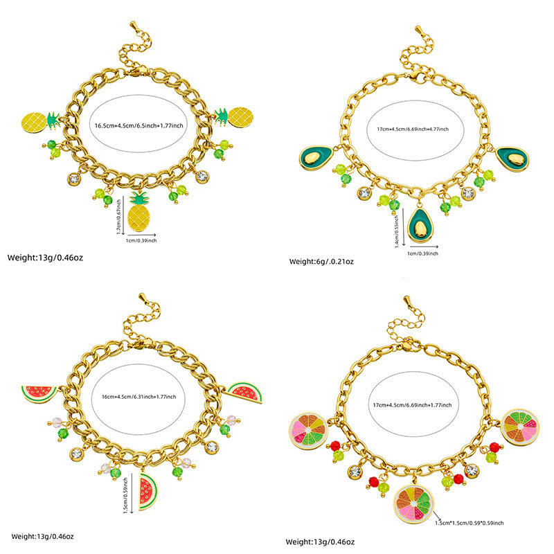 Sweet Cartoon Drip Oil Plated Stainless Steel Bracelet with Lemon Avocado Watermelon Pineapple Charms
