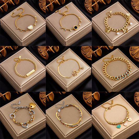 Pulsera Minimalista de Moda con Colgantes de Corazón Incrustado de Diamantes de Imitación, Perla, Mariposa y Serpiente en Cadena de Acero Inoxidable Chapada en Oro