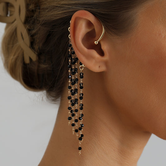 Black Crystal Glass Plated Tassel Ear Cuff