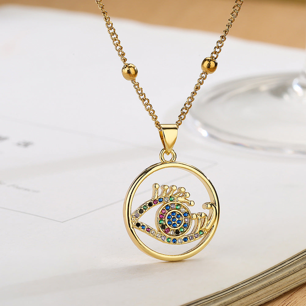 Geometric Evil Eye Pendant Necklace for Women in Copper with Real Gold Plating and Zircon Inlay