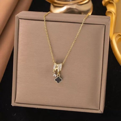 Luxury Four-Leaf Clover Pendant Necklace for Women in Titanium Steel with Gold-Plated Copper and Cubic Zirconia, O-Chain Collar Necklace