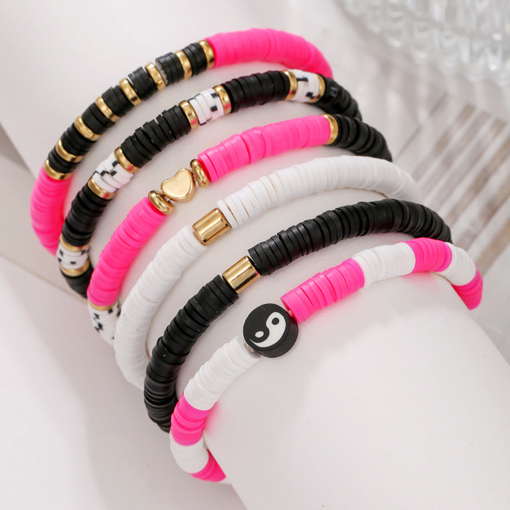Handmade Polymer Clay Bracelet with Heart and Yin Yang Design Geometric Style for Unisex Friendship and Couple Layering