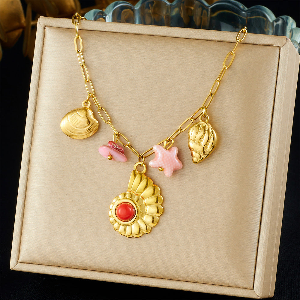 Chic Gold Plated Star and Seashell Stainless Steel Necklace for Women