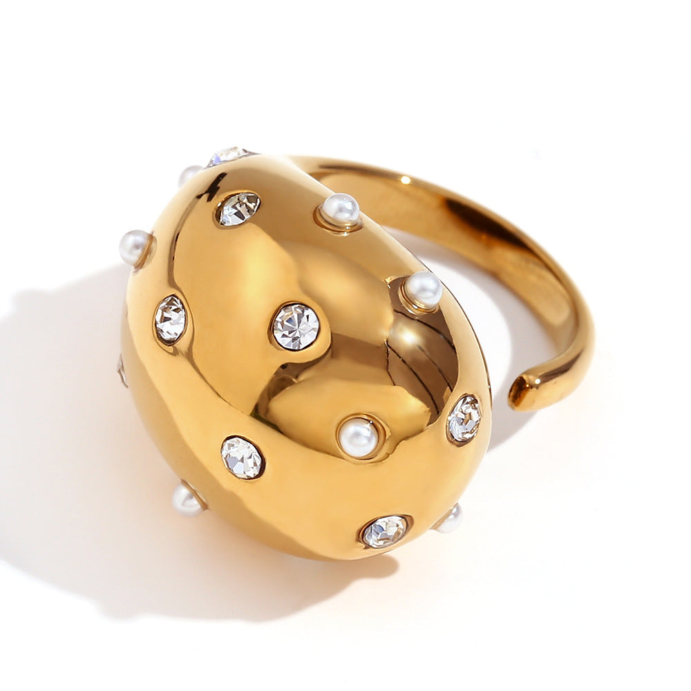 Anello geometrico alla moda in acciaio inossidabile a forma di goccia d'acqua per donna con placcatura in oro 18 carati e texture martellata