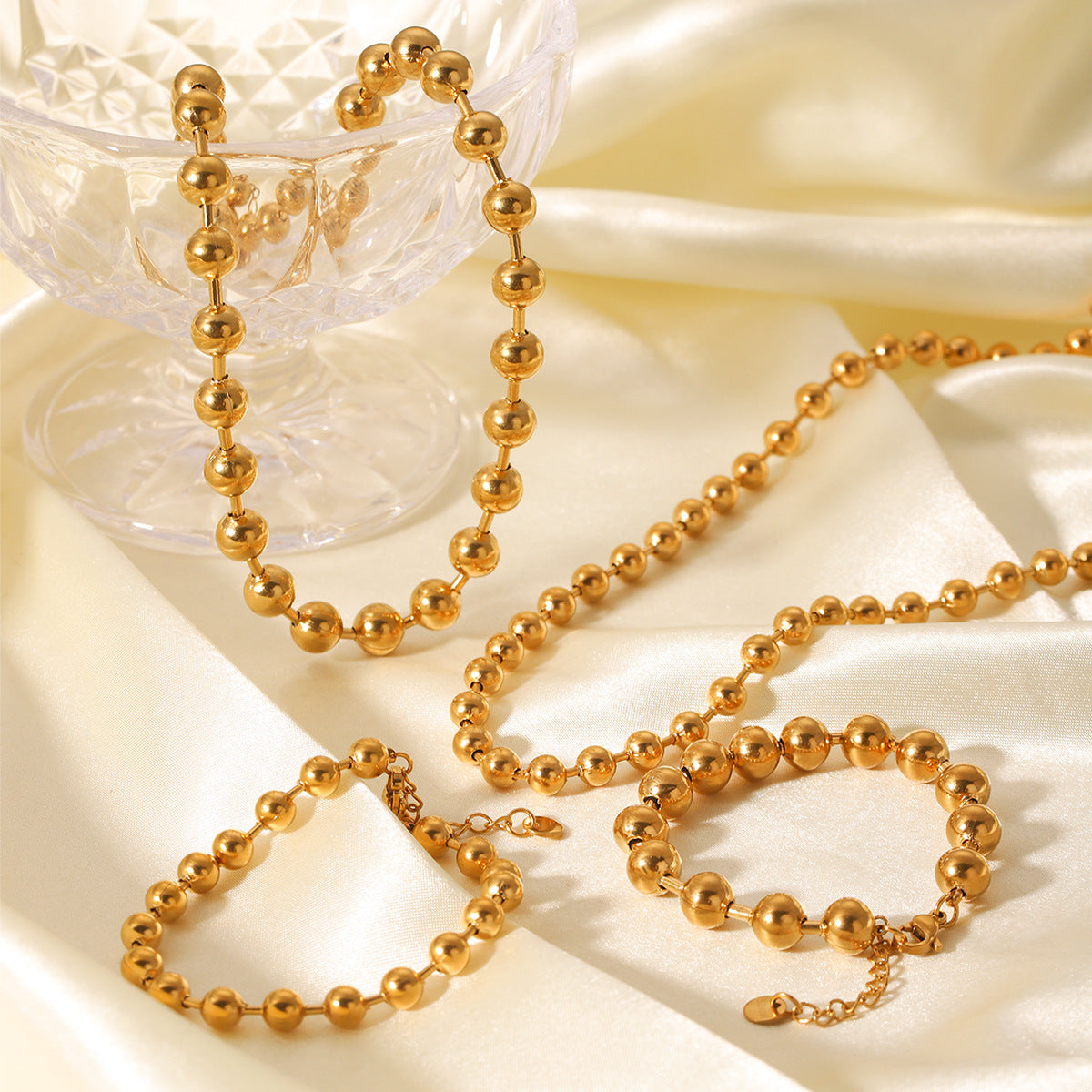 Minimalist Geometric Stainless Steel Beaded Necklace and Bracelet Set for Women with Plated Finish