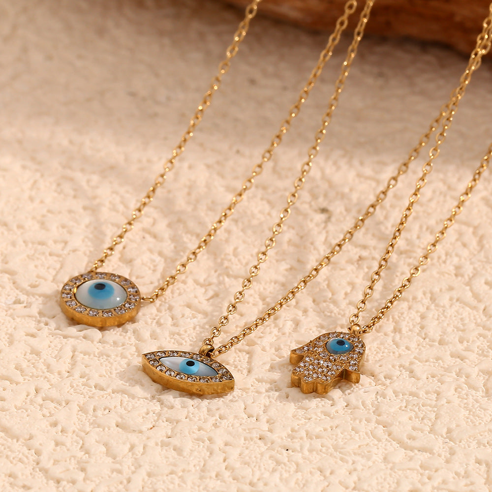 Vintage Evil Eye Pendant Necklace for Women Stainless Steel with 18K Gold Plating Oval and Round Geometric Design