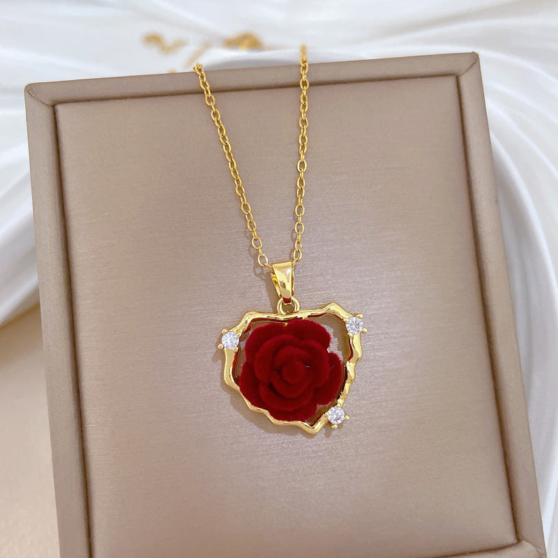 Sweet Elegant Heart Floral Rhinestone Titanium Steel Necklace Unisex Cable Chain
