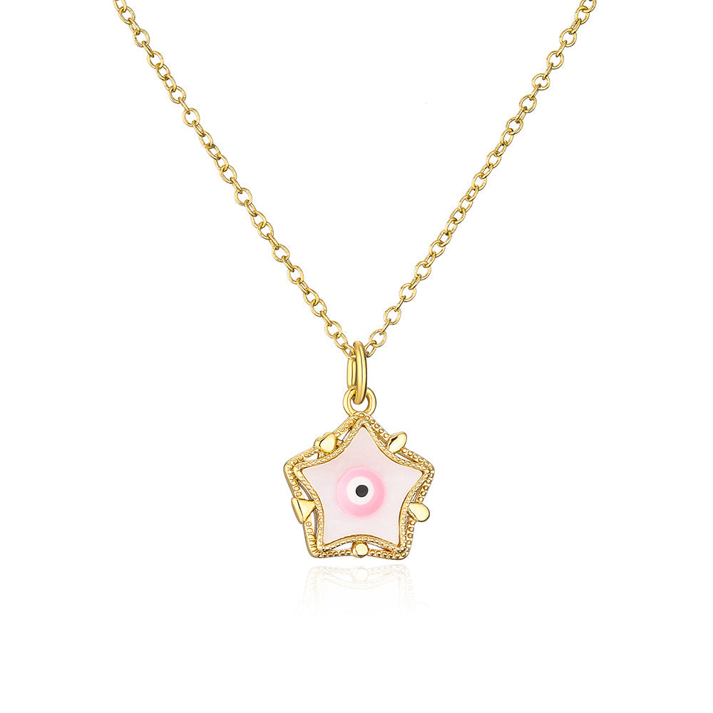 Collana Minimalista Geometrica a Cinque Punte Occhio di Allah da Donna, in Rame Placcato Oro 18K con Finitura a Smalto