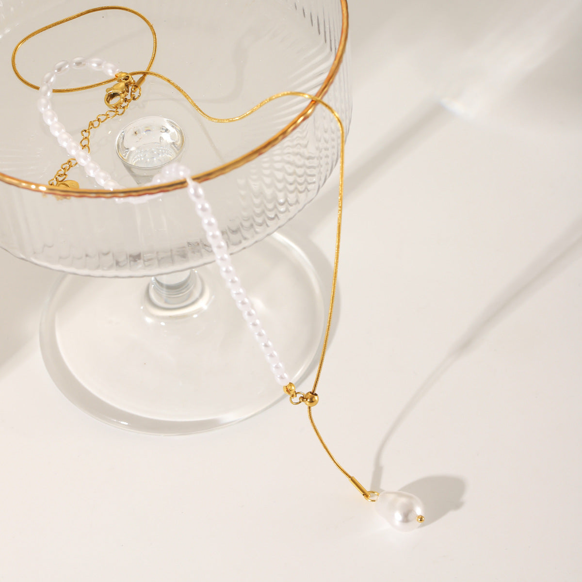 Minimalist Geometric Pearl Pendant Necklace for Women with Stainless Steel Snake Chain and Electroplated Finish