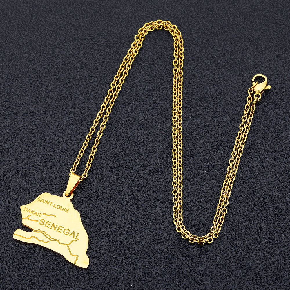Collar de mujer y hombre con colgante de mapa geométrico de Senegal de acero inoxidable con dije de titanio, cadena en O galvanizada, accesorio de moda