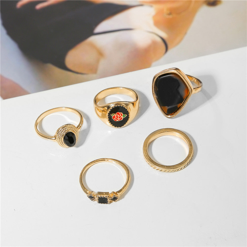 Sweet Geometric Leopard Print Floral Drip Oil Acrylic Alloy Ring Set