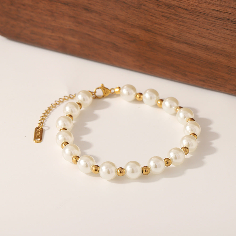 Bracciale geometrico in stile barocco in acciaio inossidabile placcato oro 18 carati con perle simulate e perline dorate