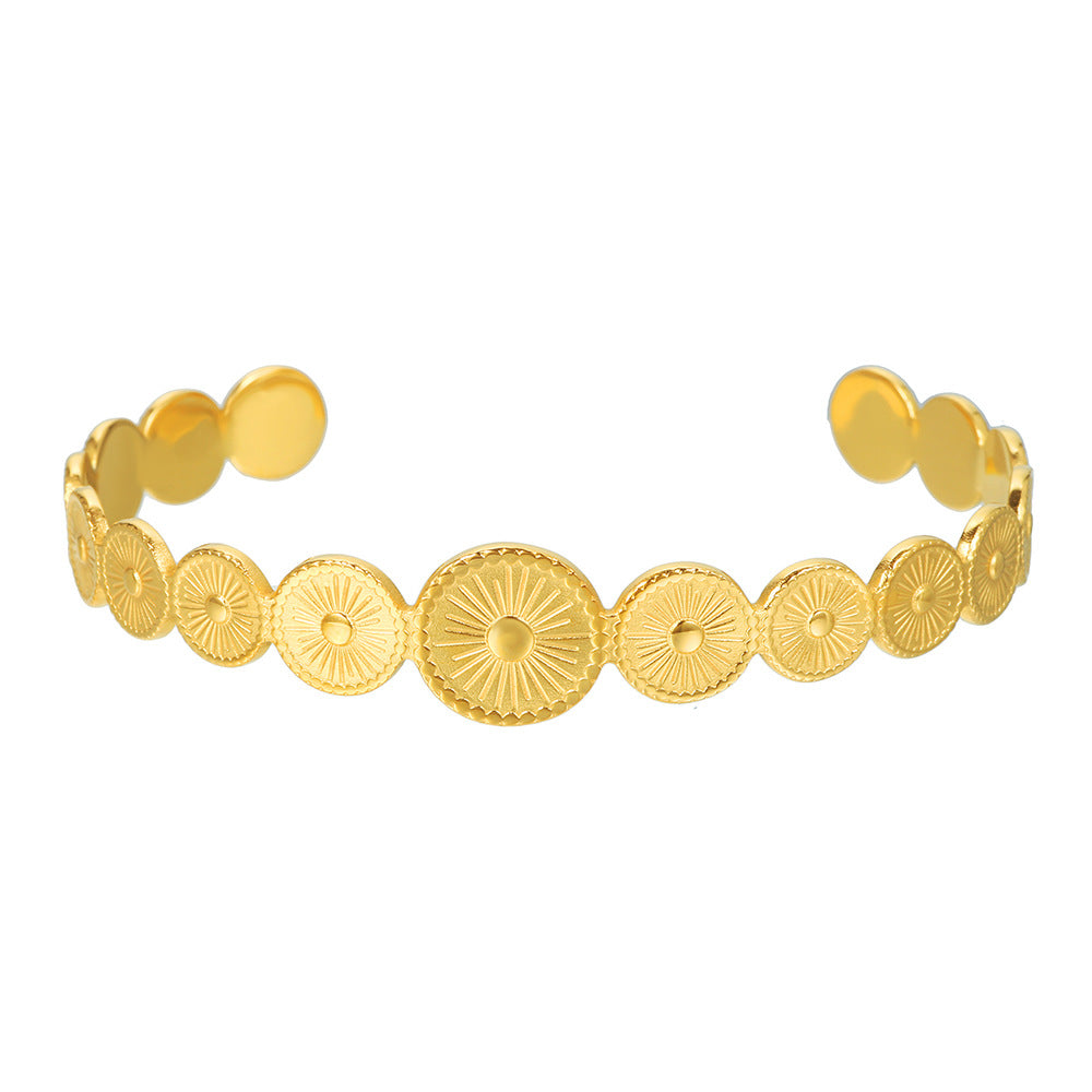 Minimalist Titanium Steel Plated Round Geometric Leaf Hollow Sun Snake Cuff Bracelet