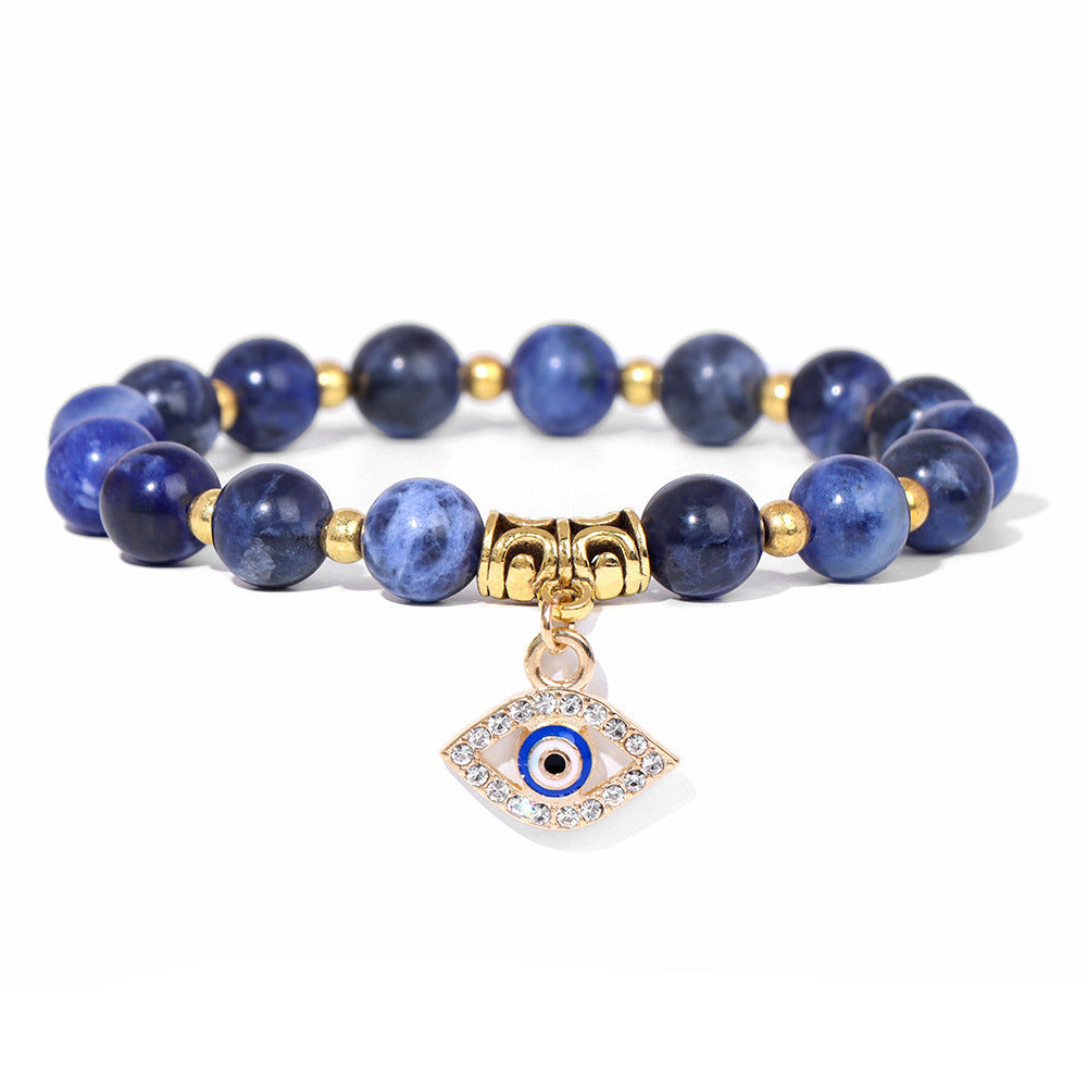 Vintage Minimalist Geometric Agate Beaded Bracelet with Evil Eye Pendant Unisex Jewelry