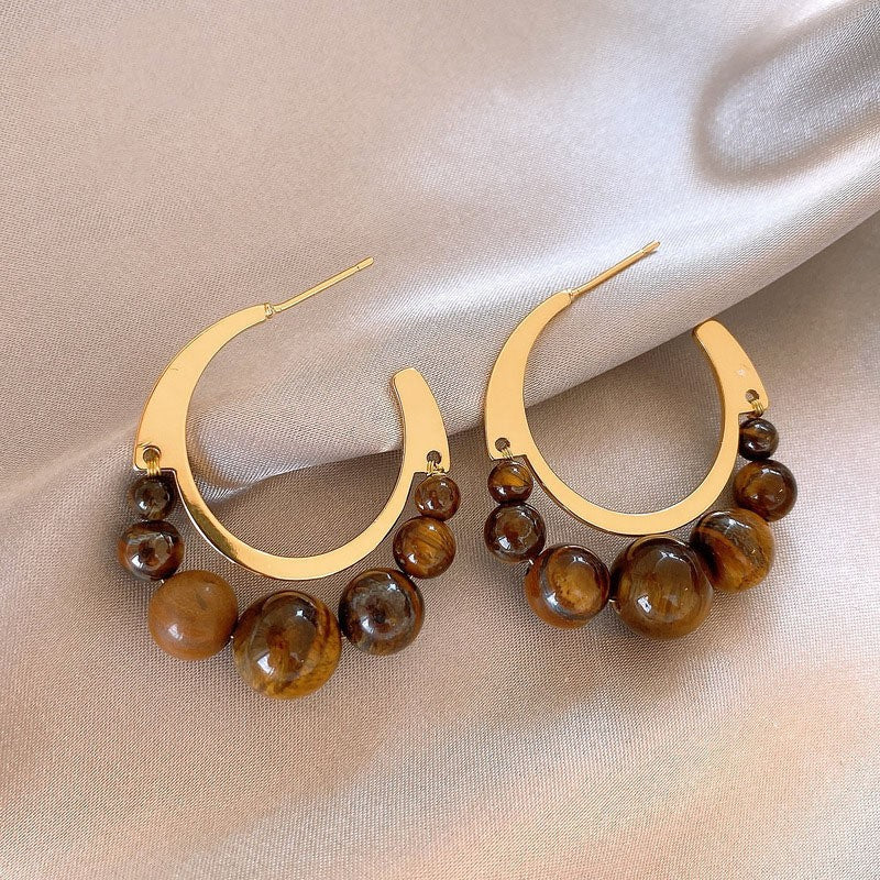 Pendientes de tuerca geométricos de ojo de tigre chapados en bronce mate para mujer, joyería de lujo minimalista artística vintage