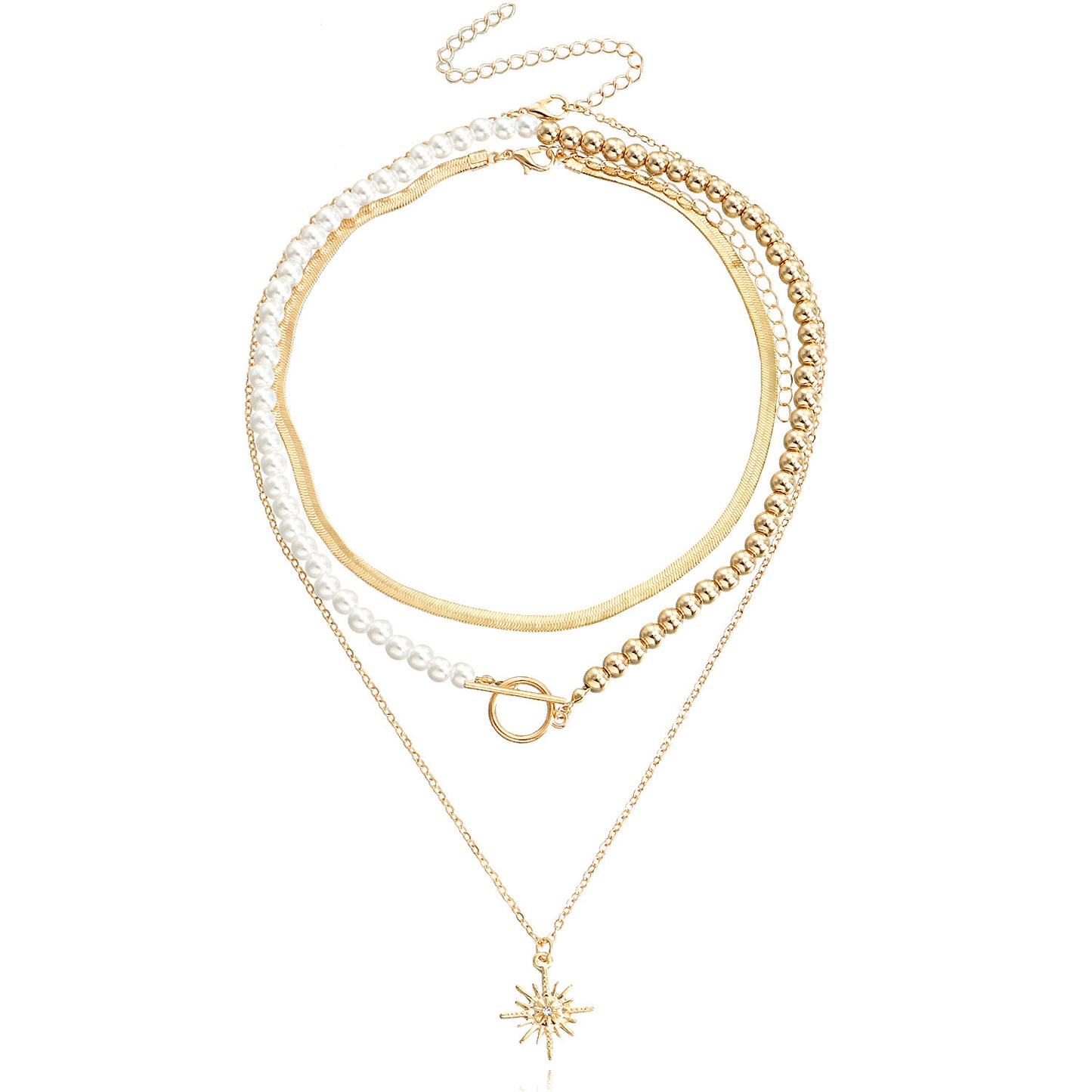 Vintage Geometric Hexagram Alloy Necklace with Plated Finish for Women, Flat Snake Chain Style with Pearl-Like Beads