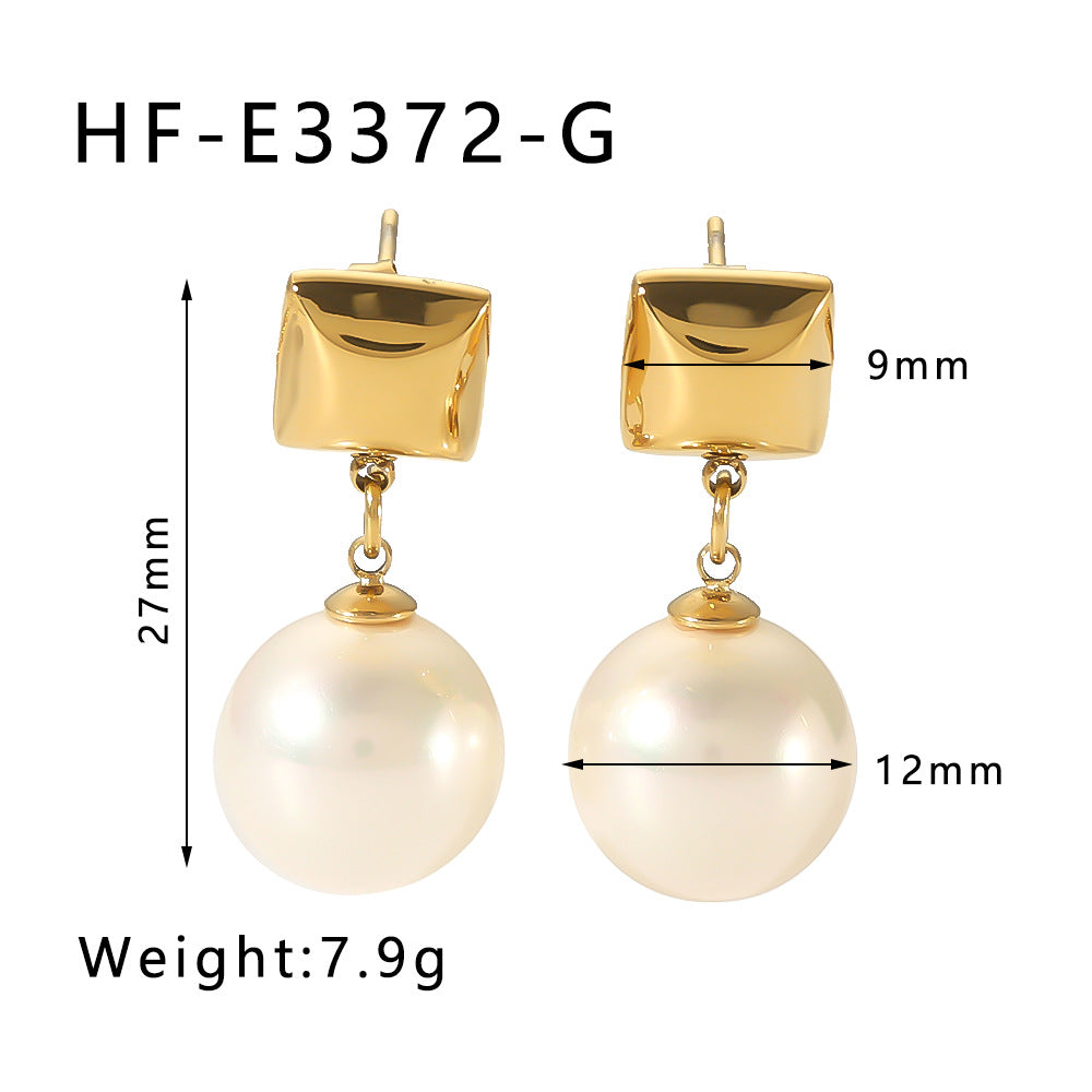 Geometric Rhombus Pearl Earrings in Stainless Steel with 18K Gold Vacuum Plating for Women
