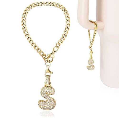 Cubic Zirconia Inlaid Brass Letter Charm Bar with Plated Finish