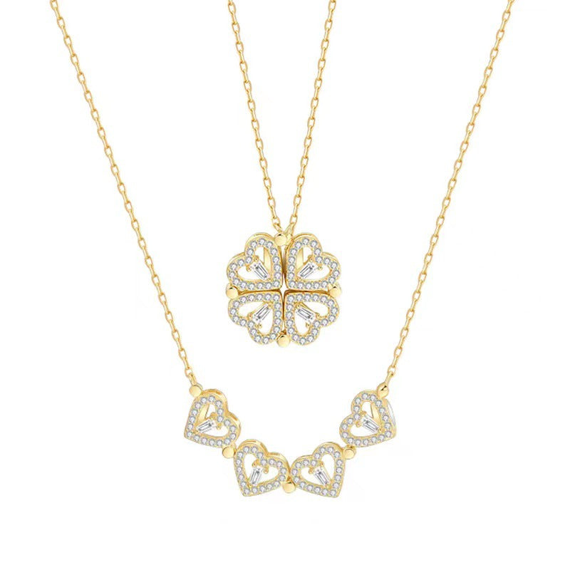 Dainty Heart-Shaped Titanium Steel Necklace with Gold Plating for Women, Four-Leaf Clover Pendant, Water Wave Chain, Elegant Clavicle Jewelry Gift