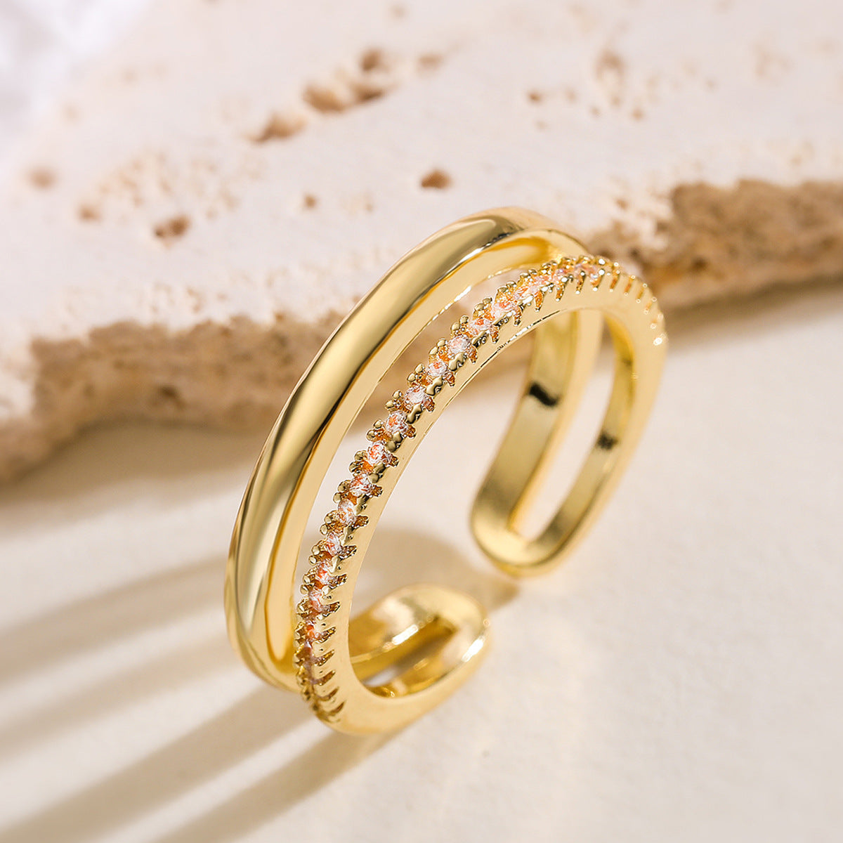 Minimalist Geometric Open Ring Micro-Set Zircon 18K Gold Plated Copper Fashion Jewelry for Women