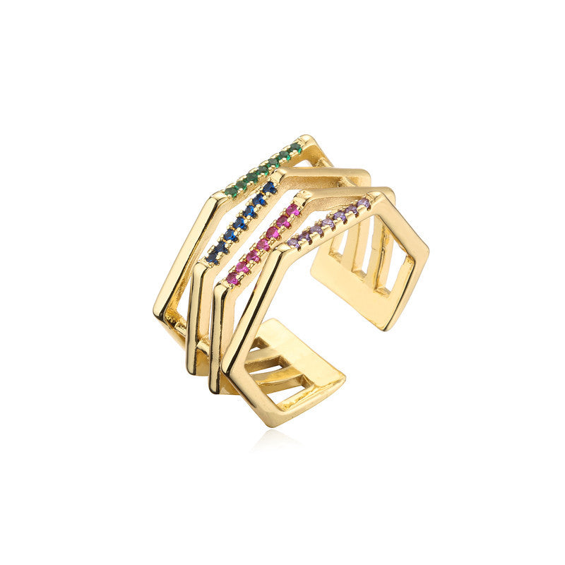 Anello Aperto Geometrico da Donna in Rame con Placcatura in Oro 18K e Dettagli in Zirconia Micro-Pave
