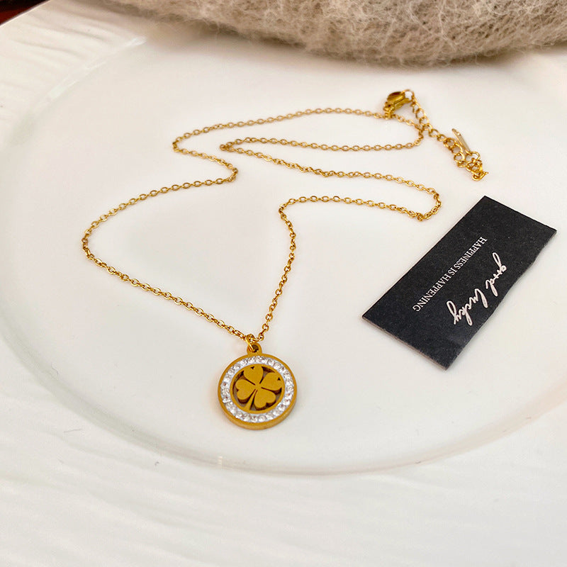 Gold Plated Titanium Steel Micro-Pave Diamond Hollow Round Geometric Necklace and Earring Set