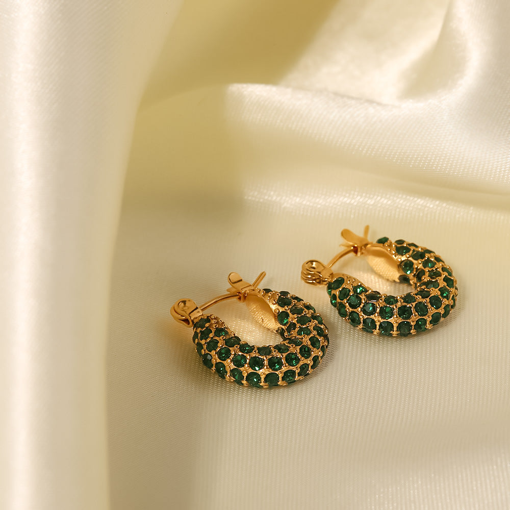 French Style Trendy 18K Gold Plated Stainless Steel Geometric Hoop Earrings with Green and White Cubic Zirconia for Women